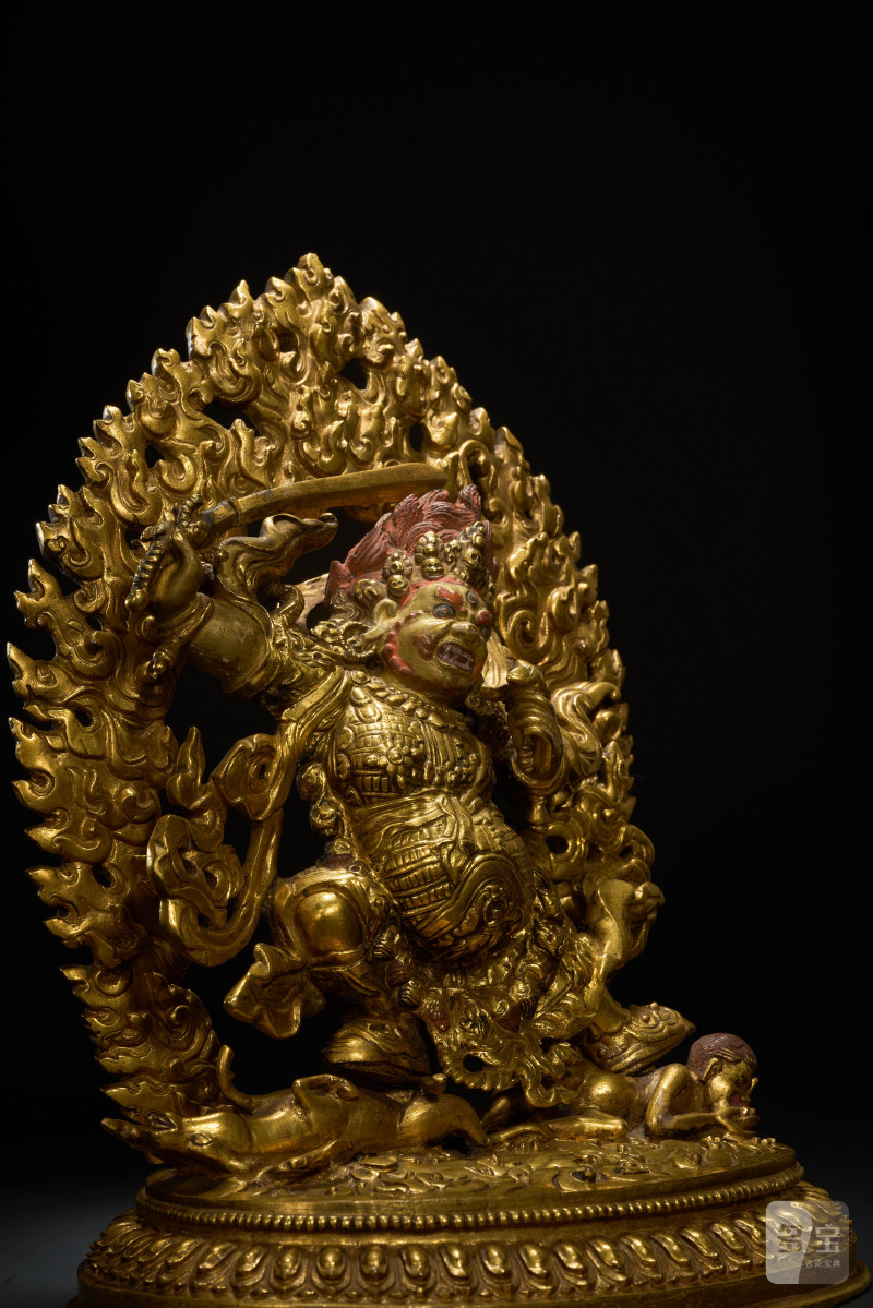 清乾隆 扎什伦布寺风格 铜鎏金大红司命主 - 图2